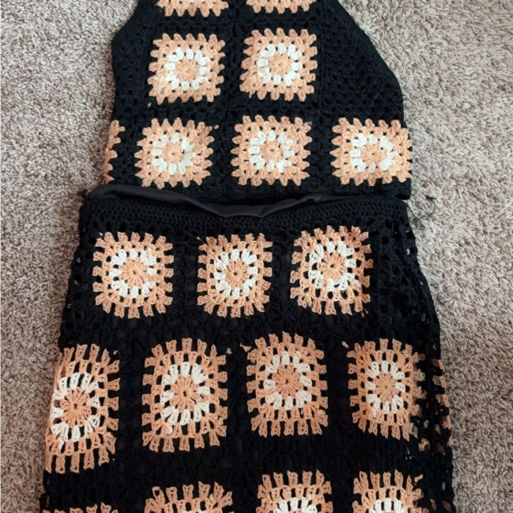 Black and Cream Crochet Top and Skirt Set